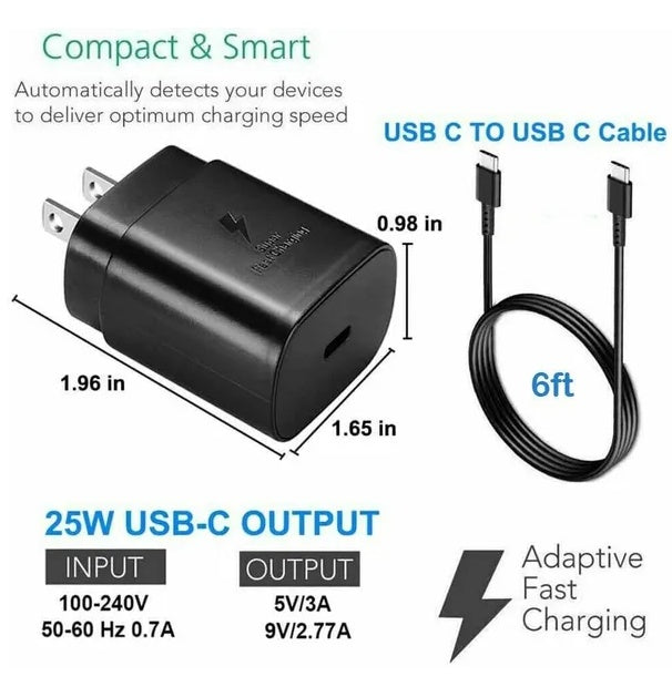 25W Type USB C Super Fast Wall Charger 6FT Cable For Galaxy S20 S21 S22